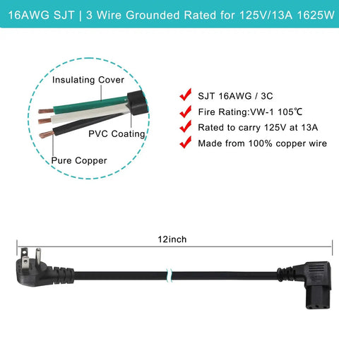 90 Degree Right Angle 1ft Power Cord NEMA 5-15P To IEC C13 Flat Plug 16AWG Angled AC Cable with internal wire details