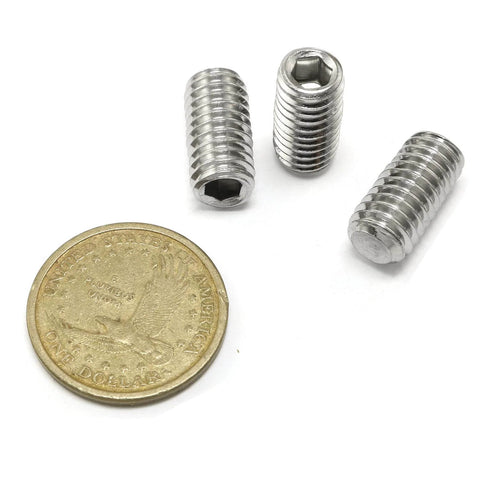 Beefy 10-Piece 3/8-16 x 3/4 Inch Socket Set Screws 304 Stainless Steel alongside a coin for size reference.