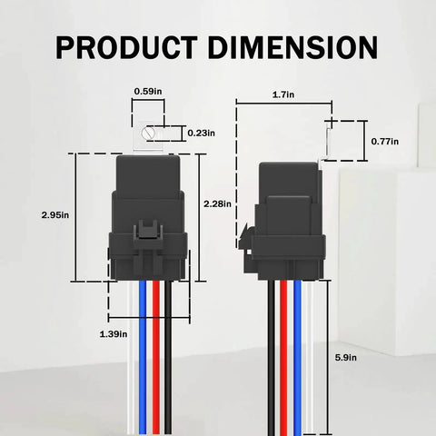 Dimensions of Heavy Duty 4 Pin 12V DC Automotive Relay 40 And 30 Amp Waterproof With Harness And 12 AWG Tinned Copper Wires shown