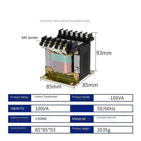 Control Transformer JBK3 Series 250VA 220V To 220V Dual Primary For Industrial Use, dimensions 85x85x93mm visible.