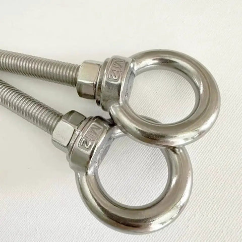 Close-up of Two Pack M12 304 Stainless Steel Shoulder Eyebolts With Nuts And Flat Washers Heavy Duty Lifting Eyebolts 1.96 Inch Threaded Eyebolt