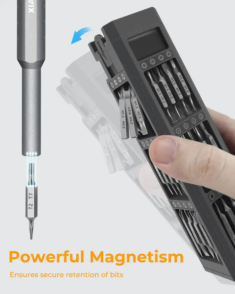 Hand holding 71-In-1 Mini Precision Screwdriver Set With 360 Spin, showcasing magnetic bits and sturdy metal case.
