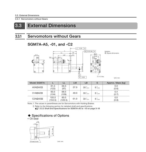 SGM7A servo motor external dimensions diagram for Sigma-7 models A5/01/C2 without gears