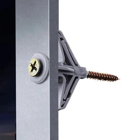 Side view of self drilling hollow wall anchor kit with screws for drywall and plaster grey plastic anchors supports up to 65 lbs