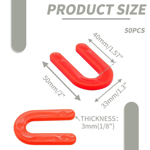 Red 50 Pack U Shaped Tile Spacers One Eighth Inch For Leveling, showing dimensions and thickness for DIY installations.