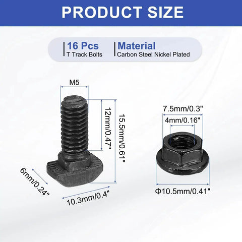 Beefy M5x12mm T Slot Bolts 16 Pack Drop In Hammer Head With Hex Flange Nuts T Bolt Stud Sliding Screws For 20 Series Aluminum Black
