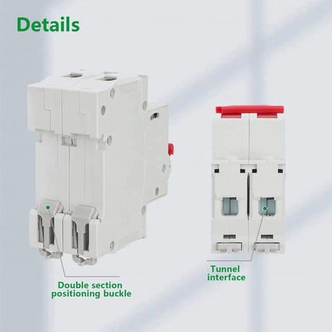 Side and front view of DC Miniature Circuit Breaker DZ47 63Z 500V 2 Poles 50A For Battery And Solar PV DC Systems DIN Rail Mount