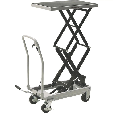 Strongway hydraulic lift table cart with scissor lift, front view, 500-lb capacity, four casters.