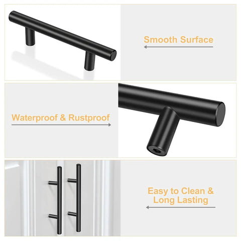 Close-up of matte black 30 pack 5 inch cabinet handles, stainless steel drawer pulls with 3 inch hole centers, showing smooth surface.