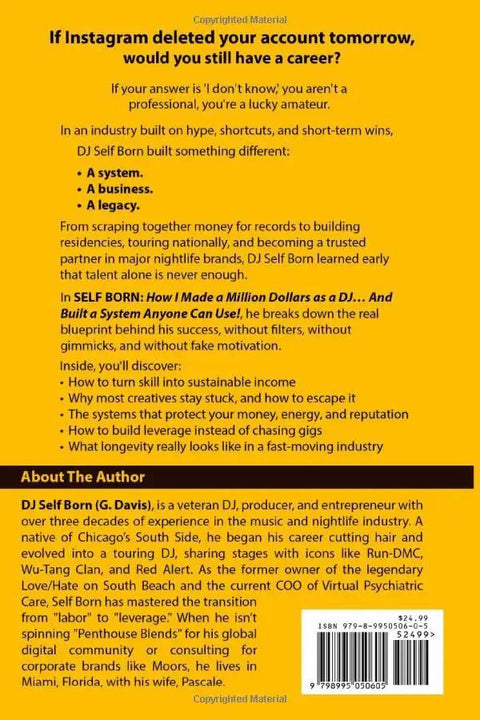 Back cover of the SELF BORN book; bright yellow cover with a barcode and About The Author section (Amazon edition).