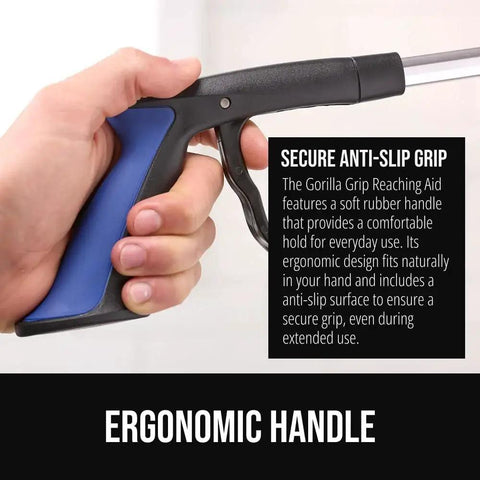 Ergonomic Rubber Lined Claw Reacher Tool For Seniors With No Slip Grip 360 Degree Rotating Head close-up of blue handle