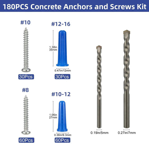 180 Piece Set with 90 Concrete Wall Anchors, 90 Self Tapping Screws, drill bits for masonry, brick, cement, and more.