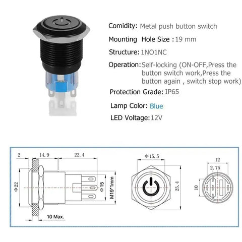 Diagram and specifications of 19mm Latching Pushbutton Switch With Dope Blue 12V LED Power Symbol 1NO 1NC SPDT On Off Waterproof Toggle Switch.