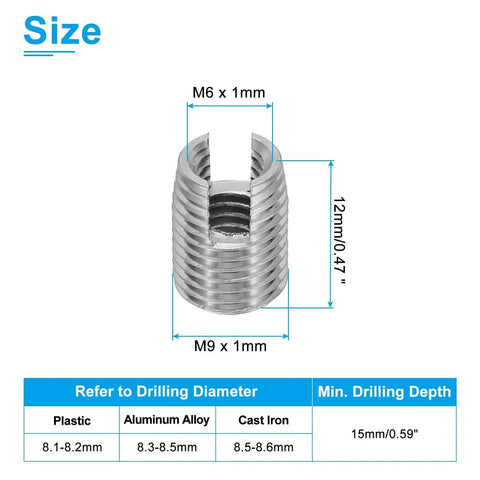 PATIKIL stainless steel self-tapping threaded insert, front view, 12mm long; external threads M9 x 1mm shown.