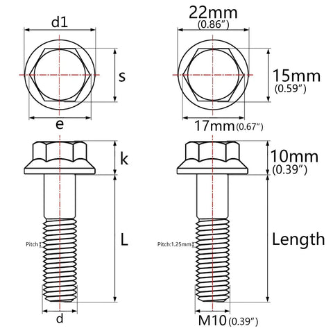 Technical drawing of Titanium M10x65mm Flange Hex Bolts 6Al4V Grade 5, detailing measurements and specifications.
