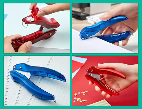EZ Squeeze Hole Punch For Crafting And School Projects 3 Pack Single Hole Punch 10 Sheet Capacity in Black Red Blue, shown in use