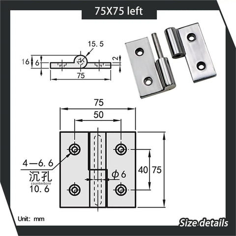 Removable Heavy Duty Hinges Made From 304 Stainless Steel With High Load Bearing Capacity 75 By 75 Left Hand 1 Piece Durable Rustproof Cabinet Door Hardware For Heavy Cabinets And Industrial Projects Built To Last, technical diagram and product image