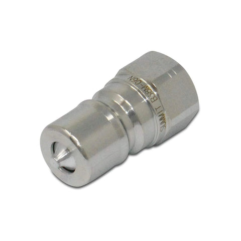 Summit Hydraulics 3/8 in NPT ISO 7241-B quick-disconnect hydraulic coupling, silver metal, side view