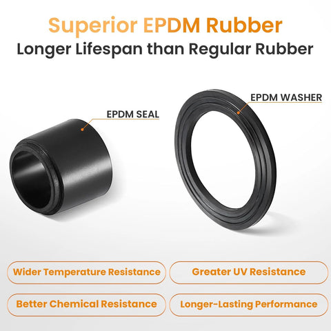Black cable gland components with EPDM seal and EPDM washer.