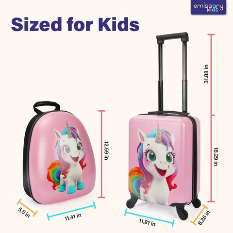 Unicorn Princess Themed Kids Luggage Set For Girls With Matching Backpack Emissary Three Piece Luggage Set For Toddlers And Kids 16 Inch Hardside Carry On With Spinner Wheels Travel Rolling Luggage Airline Approved.