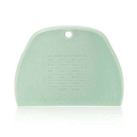 Plastic dough scraper with measurement marks, part of the Versatile Vegetable Chopper With Wavy Crinkle Cutter For Veggies And Fries, 2 Piece Green Set