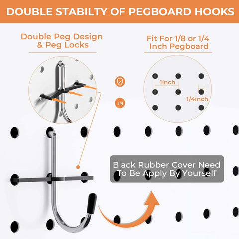 Double pegboard hook system with rubber cover, fits 1/8 or 1/4 inch pegboard for stable hanging, shown with installation detail.