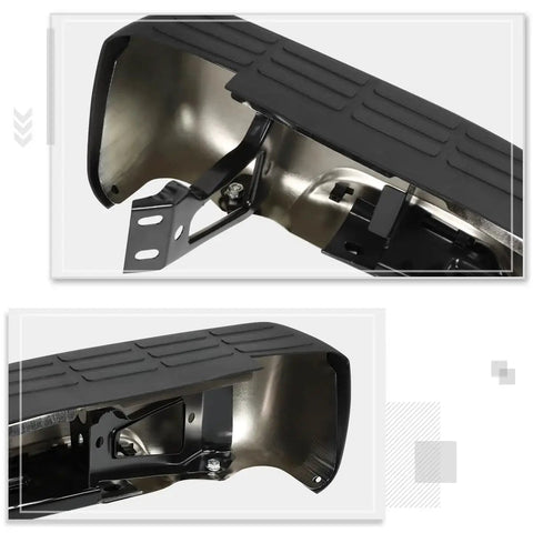 Close-up view of a Rear Step Bumper With License Plate Lights for Chevy Silverado GMC Sierra, showing chrome finish and mounting brackets.