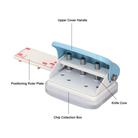 3 Hole Paper Puncher Handheld DIY Tool For B5 Papers Up To 5 Sheets Of 70G With labeled features like the upper cover handle and ruler plate.