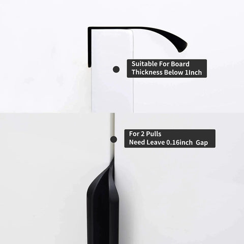 Side view installation guide of Matte Black Dresser Drawer Pulls 5 Pack Square Bar Cabinet Handles for boards below 1 inch, 0.16 inch gap needed.