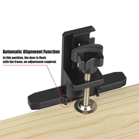 Cabinet Door Installation Positioner Jig Aluminum Alloy Third Hand with built-in screw clamp shown on wood surface