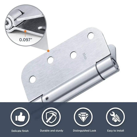 Satin Self Closing Door Hinges Five Eighths Inch Radius Heavy Duty Auto Close Spring Loaded Mortise Hinges UL Listed Commercial Grade Door Hardware Three Pack displayed with diagram showing thickness