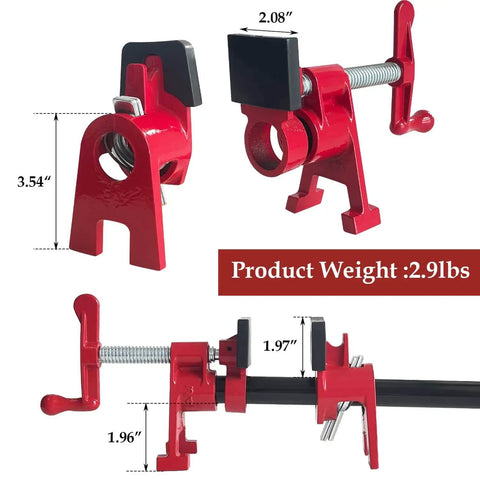Two Pack Three Quarter Inch Pipe Clamps For Woodworking Heavy Duty Cast Iron Bar Clamps With H Shaped Feet, close-up view