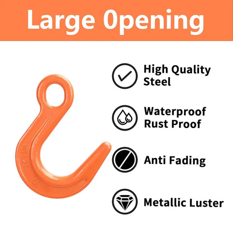 Front view of orange G80 alloy steel lifting hook with large opening for crane lifting.