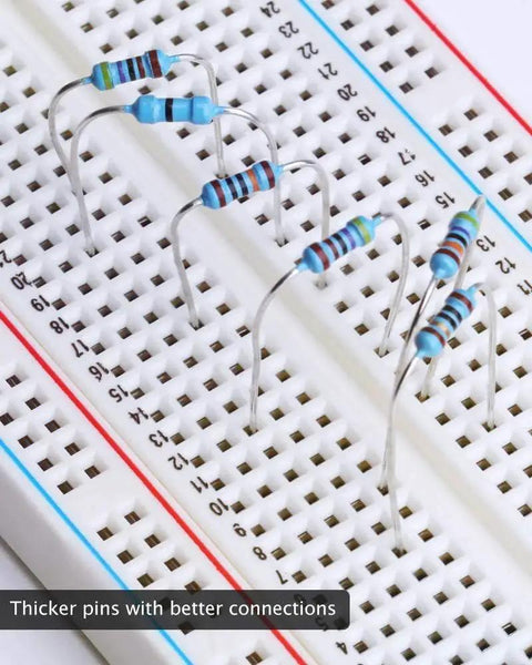 ELEGOO resistor kit on breadboard; assortment of blue 1% resistors with color bands and bent leads