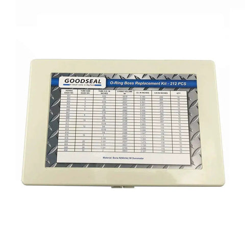 O Ring Boss Hydraulic 212 Piece Buna N 90 Durometer O Ring Assortment Kit box with size chart label