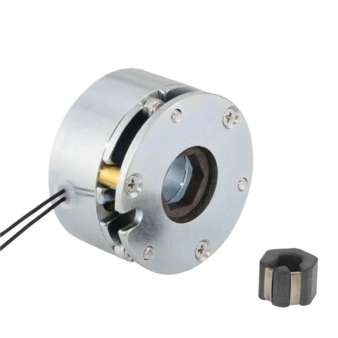 DC electromagnetic brake with silver metal housing and round mounting flange, 24V, 2.0Nm torque, black wires