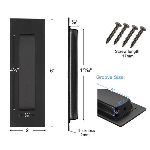 Dimensions of Pocket Door Pull And Edge Pull Set Matte Black Recessed Flush Handles for Sliding Doors shown with screws included