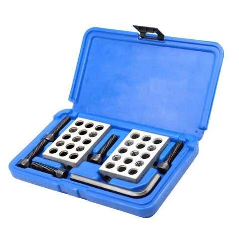 Pro Grade Ultra Precision Pair Of Parallel Blocks Set With 23 Holes And 0.0001 Inch Tolerance, 1 By 2 By 3 Inch Steel V Blocks in case