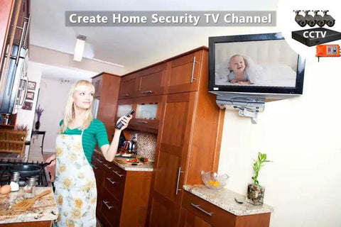 Woman using remote in kitchen with baby on TV screen, suited for HDMI To RCA To RF Modulator Coaxial UHF Converter Adapter use.