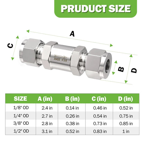 Compression check valve, 304 stainless steel, 3/8 in OD, one-way backflow preventer for water, oil, gas