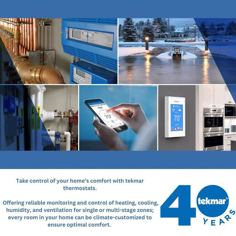 Collage showcasing Tekmar thermostats in various settings, highlighting control of heating and cooling systems for home comfort.