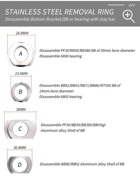 Diagram of stainless steel removal rings for Professional Durable Bicycle Bearing Press And Removal Tool Kit, showing dimensions for various bottom brackets.