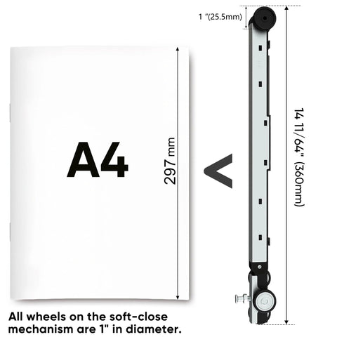 Workhorse Pocket Door Roller Kit With Soft Close, 120 Lbs Capacity, Three Wheel Pocket Door Hanger shown next to A4 paper for size