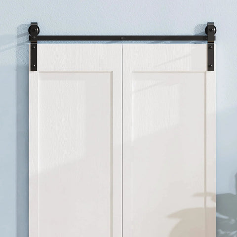 2.5Ft Bi Folding Sliding Barn Door Hardware Track Kit For Two Doors, Black Roller Kit With J Shape Track, No Door Included