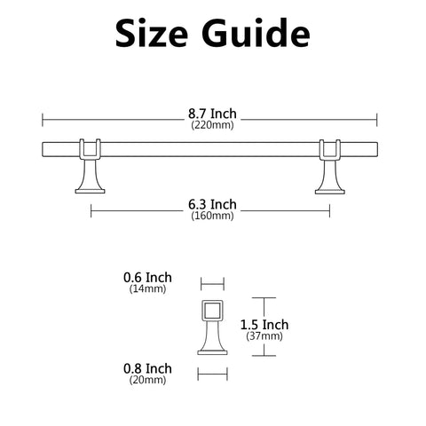 Size guide for Ten Pack Gold Cabinet Pulls With Six And One Quarter Inch Hole Centers And Eight Inch Overall Length Square Cabinet Handles.