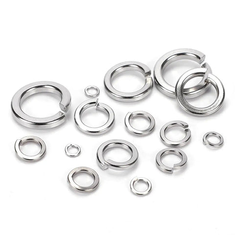 Assorted stainless steel 1/4-inch split lock washers, 18-8 (304), set of 100.