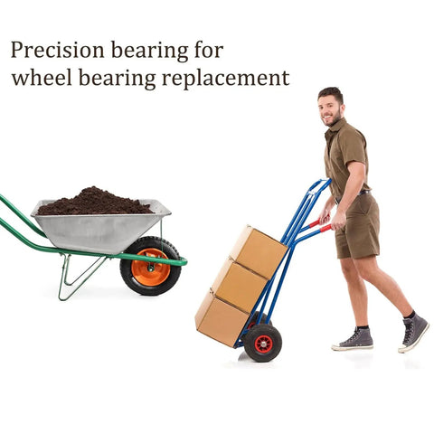 Man pushing hand truck with boxes and wheelbarrow, showcasing use of 10 Pack MR117-2RS Chrome Steel Deep Groove Ball Bearings 7x11x3mm