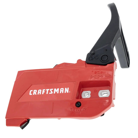 Craftsman brake assembly, side view; red plastic housing with black lever for lawn mower.
