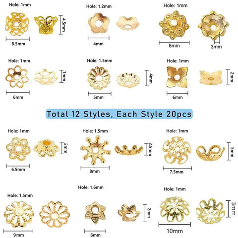Golden Filigree Flower Bead Caps Set With 240 Pcs 12 Unique Brass Petal Ends for Jewelry Making, various styles and sizes displayed