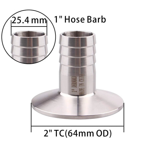 DERNORD 2-inch Tri Clamp to 1-inch hose barb adapter, SUS304 stainless sanitary fitting